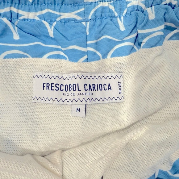 Frescobol Carioca Wave Print Swim Trunks Size M β Blue White Resort Swim Shorts - Picture 3 of 4